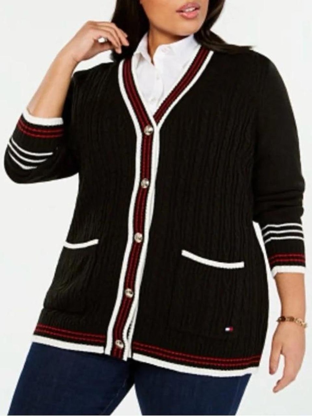 Tommy Hilfiger Black Contrast-Trim Cable Cardigan